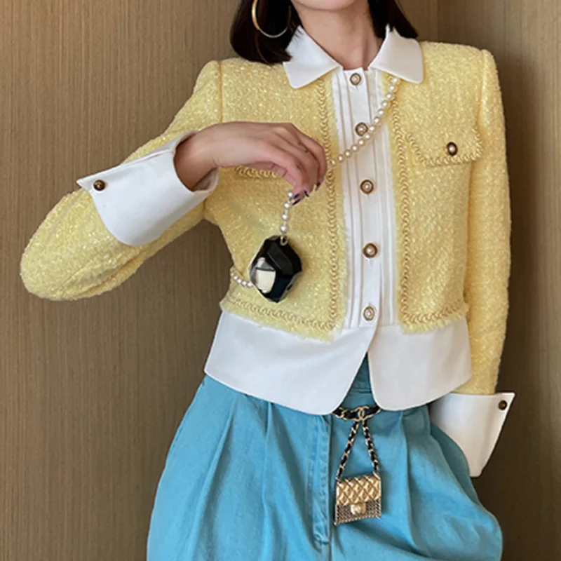 

Spring Autumn Long Sleeve Patchwork Yellow Brief Coat with Collar Women Fashion Chic Sweet Female Casual Korean Tweed Jackets