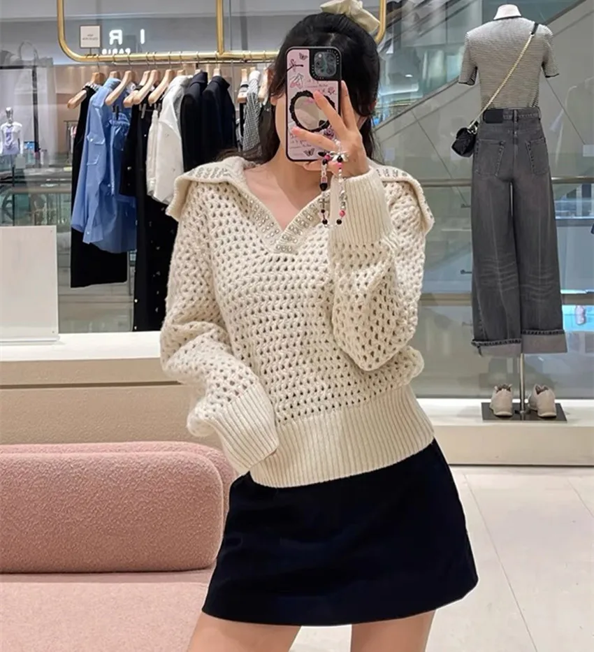 French Vintage Lazy Style Women Sailor Collar Knitting Thick Sweater Fashion Autumn Winter Diamonds Hollow Out Loose Pullovers