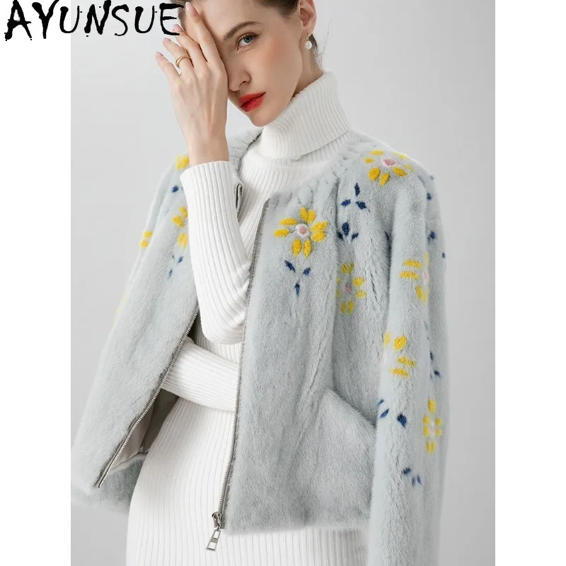 AYUNSUE, abrigos de piel de visón enteros con etiqueta púrpura para mujer, Chaqueta corta de piel, prendas de vestir exteriores de invierno, abrigo de piel elegante, ropa de mujer 옷 자