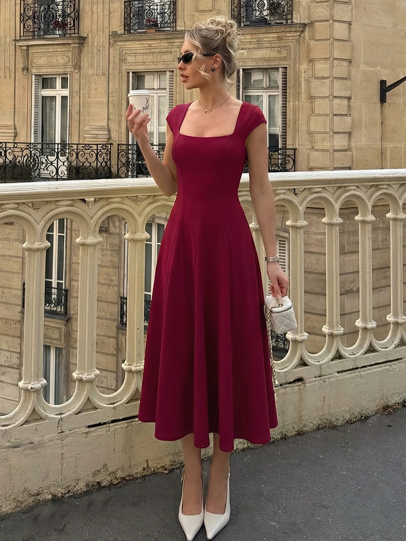 Hugcitar Elegantes, sexy, schmales Maxikleid mit quadratischem Kragen und Trägern, einfarbig, rückenfrei, plissiert, für den Sommer, Damenkleidung, Geburtstagsfeier, Urlaub