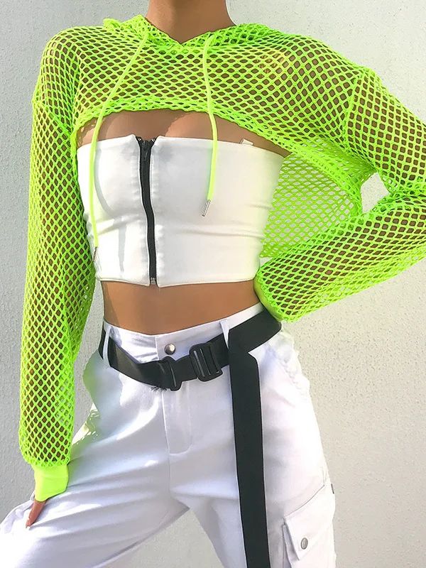 Hollow out Long Sleeve Hooded Sunscreen Cover Shirt Women's Fashionable Lightweight Composite Fabric Ultra Short Length UPF30+