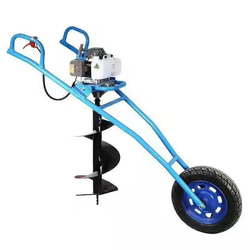 80cc Earth Auger Hand Push Single Wheel Agricultural Hole Digging Machine Two-Stroke Gasoline Ground Drill Garden Tool Machine