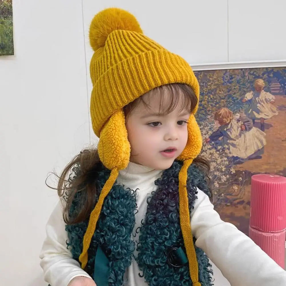 Children Hat Thickened Wool Knit Hat With Pom-Pom Ball Decor Extended Ear Flaps Design Fleece Lining Warm Winter Hat 겨울 모자