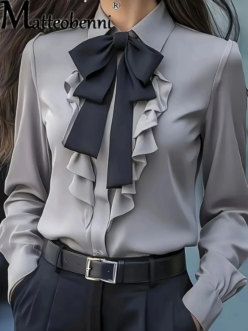 

2025 Women Blouse Autumn Solid Color Lace up Bow Ruffle Design Shirts Casual Loose Long Sleeve Shirt Office Ladies Blusas Mujer