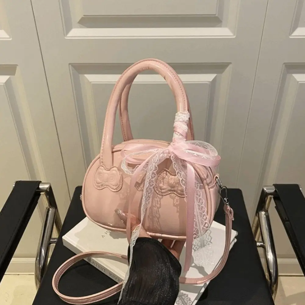 Niche Korean Bow Crossbody Bag Pu Leather Y2k Lace Ribbons Boston Bag Sweet Leisure Commute Handbag Women