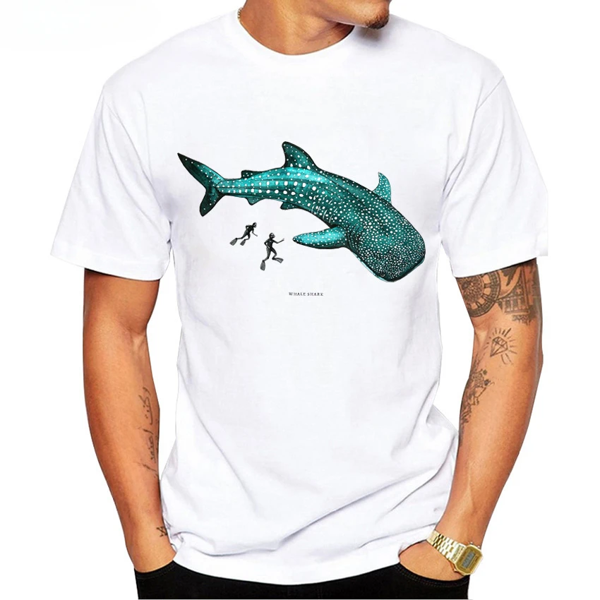 Whale Shark and Divers T-Shirt Diving with Sharks Memory Gift Men Summer Beach TShirt Funny White Casual Tees Hip Hop Tops