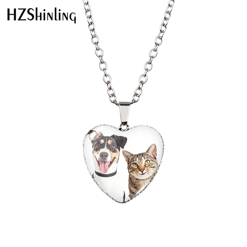 2022 New Cute Cat and Dog Pendant Necklace Pets Painting Glass Dome Handmade Jewelry Heart Pendants Gift Women