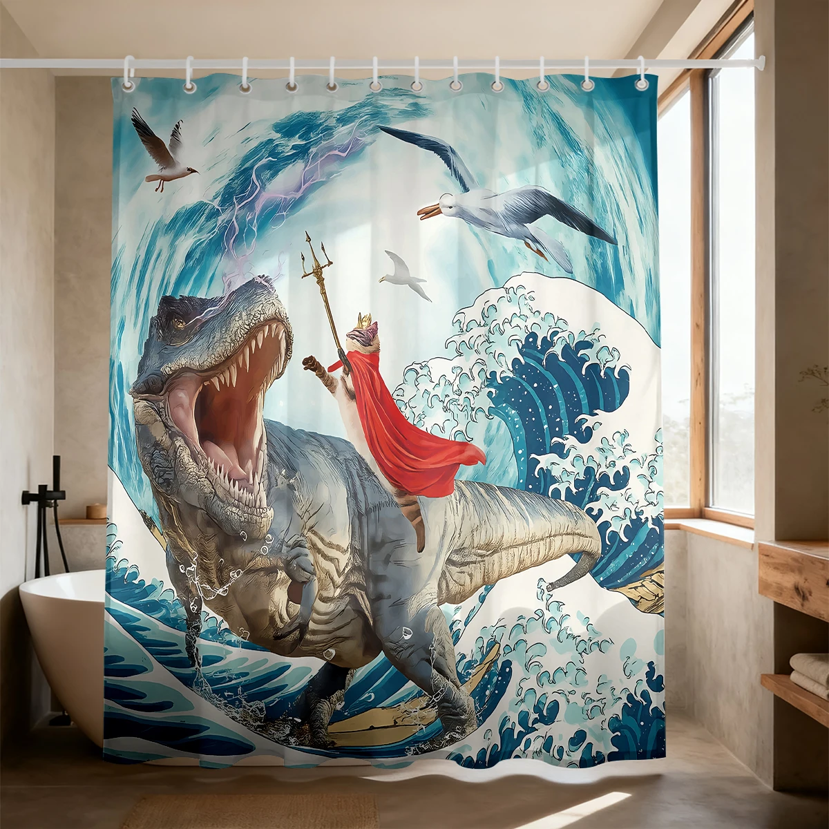 Waterproof Shower Curtain Funny Knight Riding Dinosaur Surfing Ocean Wave Fantasy Humor Bathroom Decor Bath Curtain