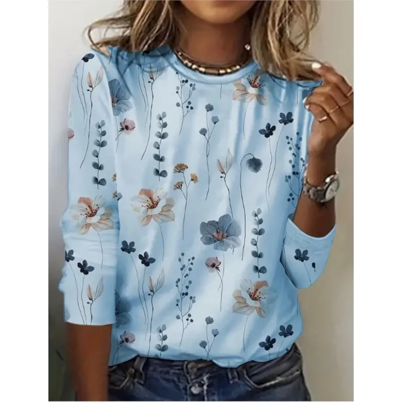 Spring and Autumn women\'s round neck pullover long sleeved T-shirt elegant and fashionable floral print T-shirt womens new style