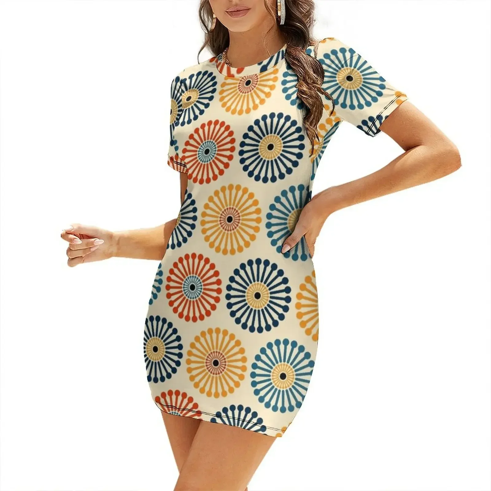 Retro 1970's Mid-Century Modern Dandelion Pattern Short-Sleeved Dress beach outfits for women summer dress womens 2026