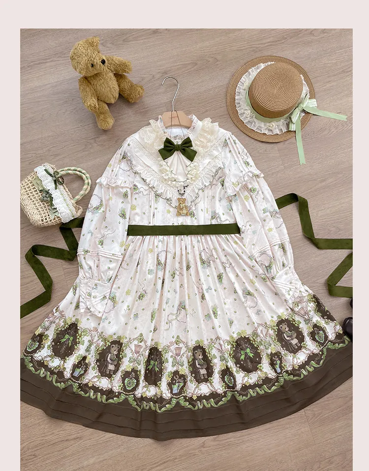 เดรสลายหมีวินเทจพิมพ์ลายองุ่น CLA ชุดเดรสยาวสไตล์โลลิต้า แขนยาว สำหรับฤดูใบไม้ผลิและฤดูใบไม้ร่วง สีดำ สีม่วง ชุดเดรส OP สำหรับผู้หญิง