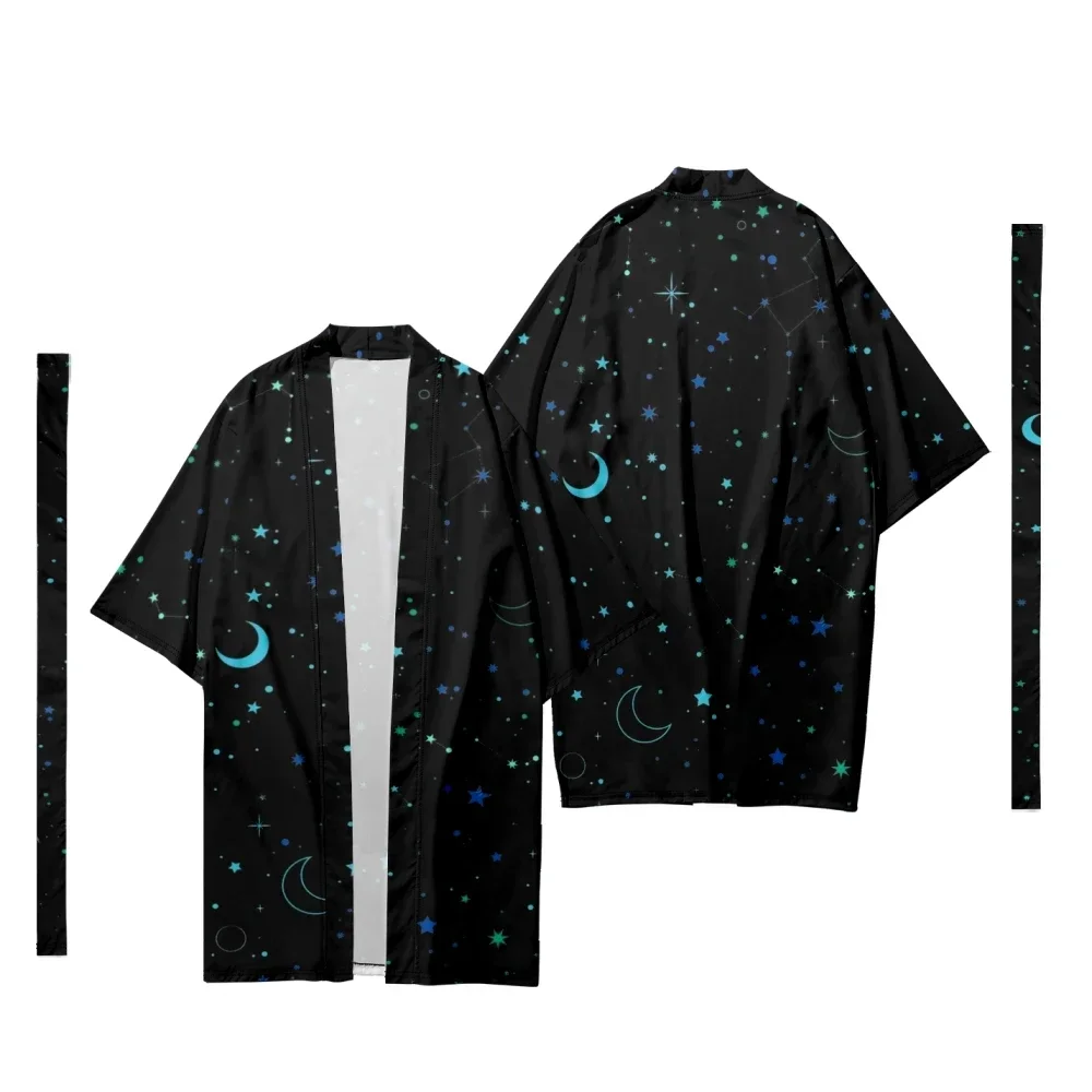 Kimono Long Japonais pour Homme et Femme, Cardigan, Costume de Samouraï, Motif Lune, Étoile, Espace, Chemise, Veste d'Entrée