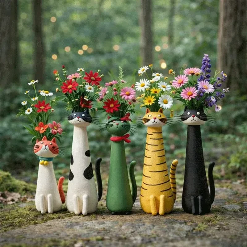 Cat-Shaped Resin Vase Cute Long-Necked Cat Flower Arrangement Ornament Home Desktop Floral Decoration Great Gift for Cat Lovers