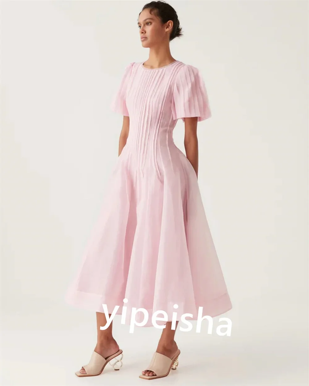 A Linha Chiffon O-Neck Midi Dress, Plissado Homecoming Gown, Ocasião sob medida