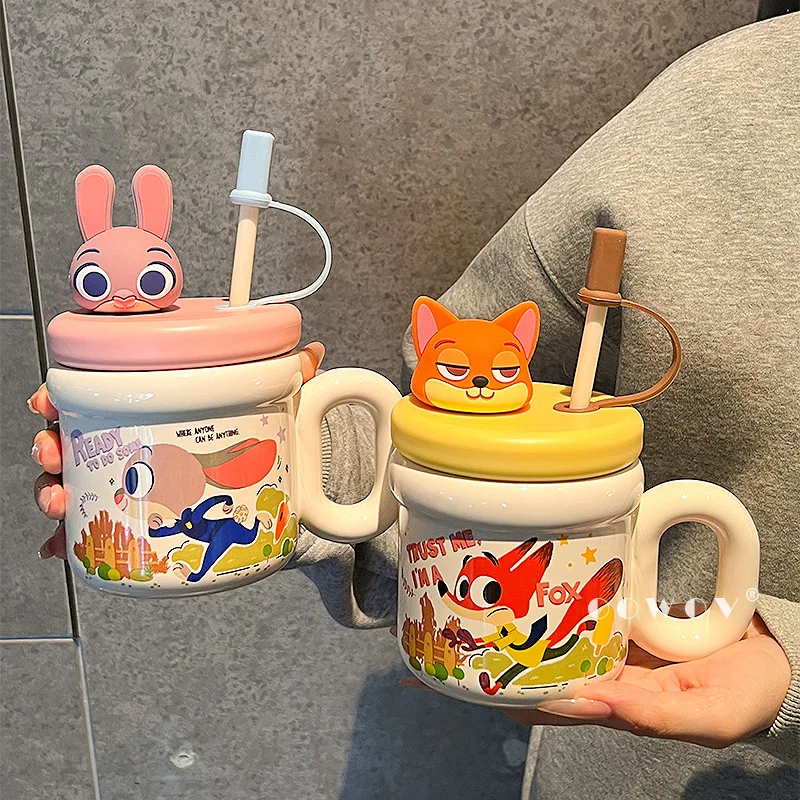 

Disney Zootopia Nick & Judy & Stitch Керамическая кружка большой емкости с крышкой и соломенной чашкой Стильная бутылка для воды Детский подарок