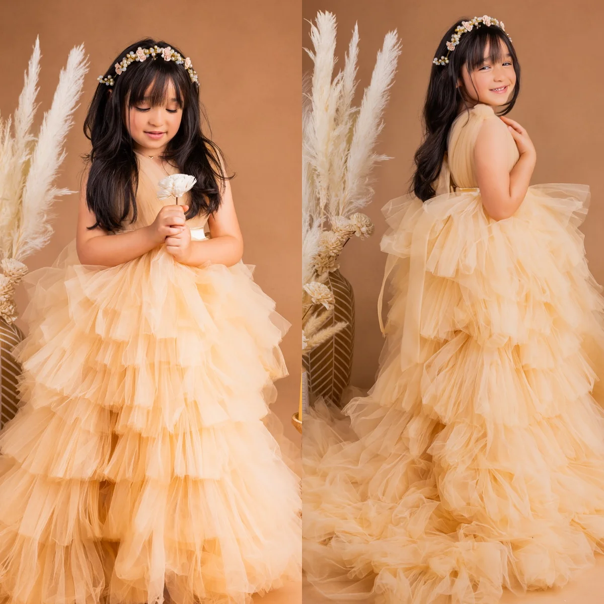 

Champagne Tulle Girl's Birthday Party Gowns Boho Flower Girl Dresses for Wedding Customized Kids First Communion Dress