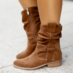 2024 Winter Warm Suede Women Ankle Boots Vintage Zipper Shoes Buckle Lady Mid-Calf Boot Outdoor Thick Low Heel Women Shoes