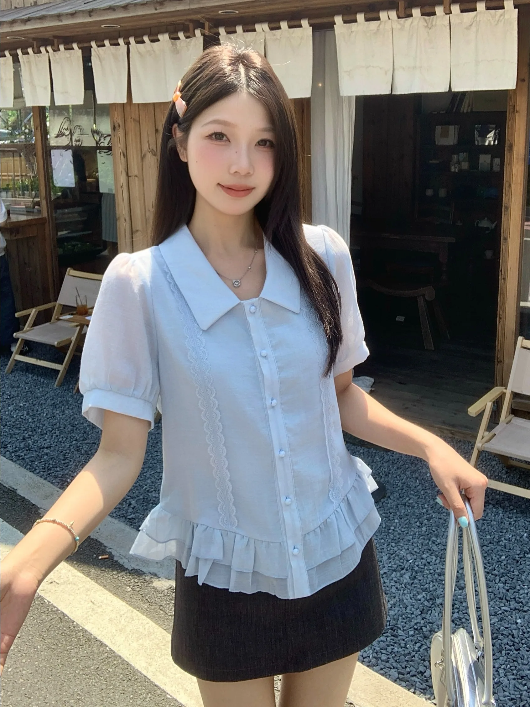 

plus Size Women's Shirt Summer Youthful Flounce Slimming Versatile Short Sleeve Doll Collar Breathable Korean Style Casual Wear
