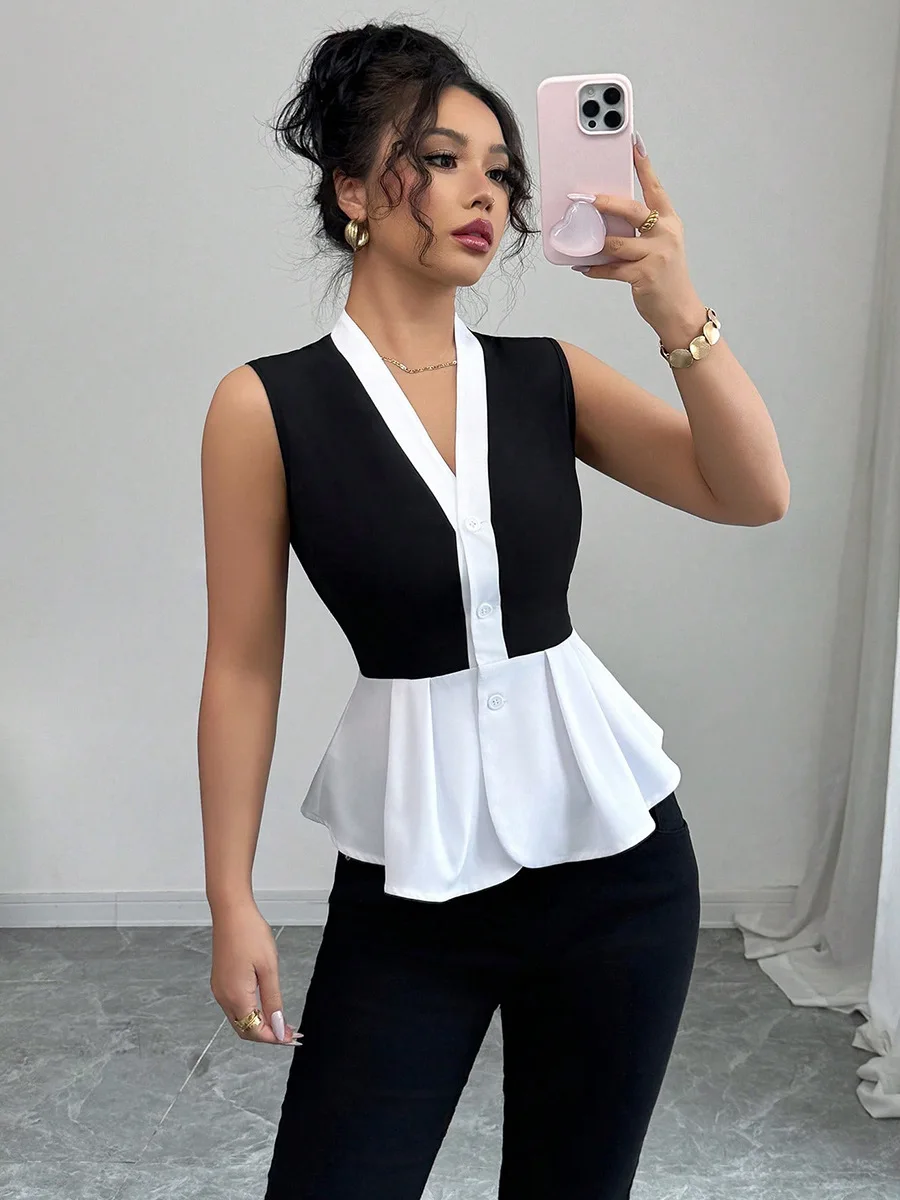 

2026 Summer New Women Sleeveless Shirt Fashion European American Commute Style Fake Two Pieces Cardigan Blouse