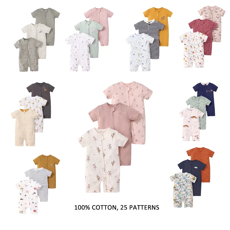 

3Pcs/Lot Cartoon Short Sleeve Cotton Baby Romper Zipper Jumpsuit for Newborn 6-24 Months Unisex Infant Clothing Set