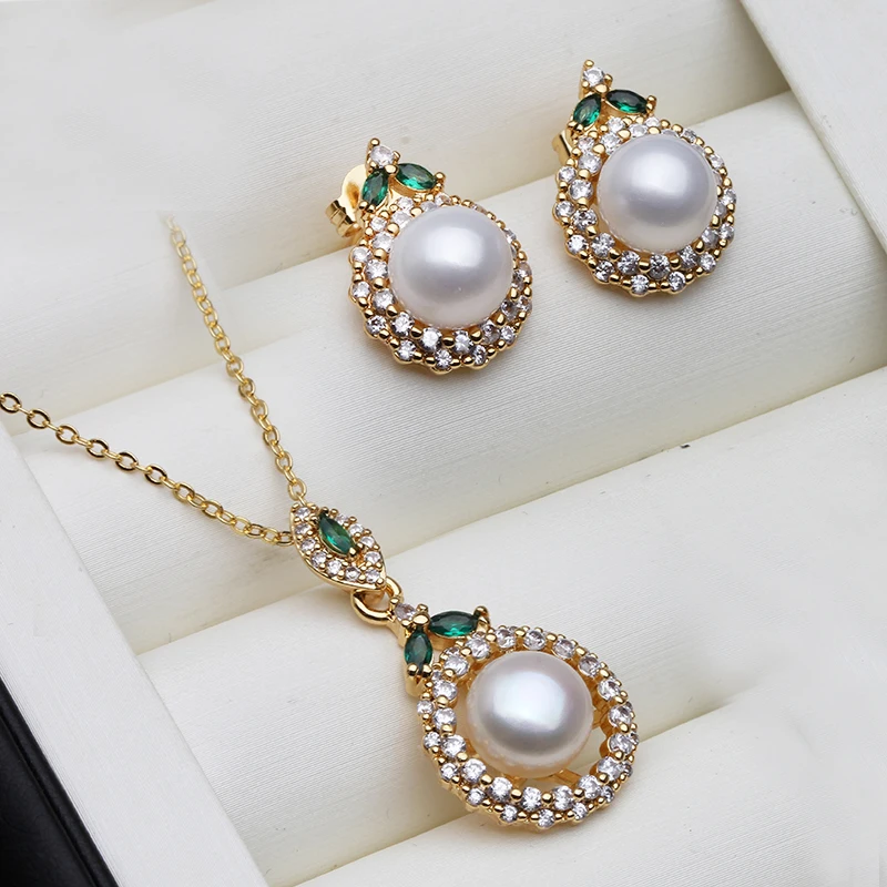 

2023 New Freshwater Pearl Jewelry Sets Women,Real Pearl Necklace and Earring Set 18K Gold Plated Engagement Mother Gift White