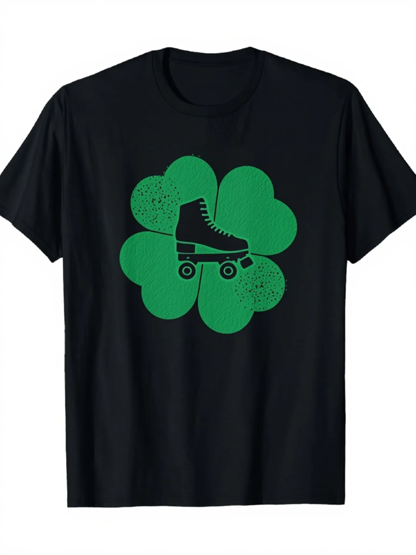 Vintage Men's Black Graphic T-Shirt Roller Skate Four Leaf Clover Lucky Irish Holiday Retro Graphic 100% Cotton Heavyweight Short Sleeve Casual Streetwear Tee