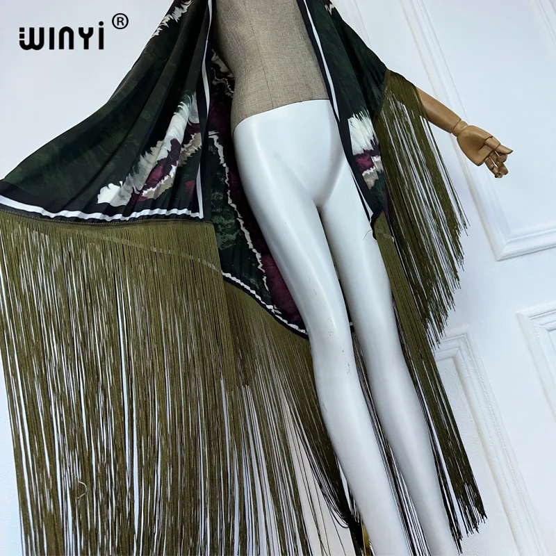 WINYI-kimono playero para mujer, Vestido largo de manga larga, cárdigan sexy con borlas, poncho para vacaciones, verano, 2024