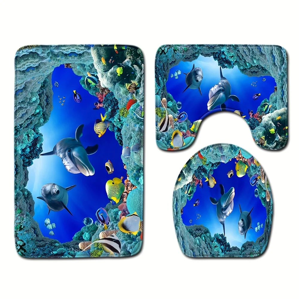 3Pcs Underwater Cave Fish Bathroom Mat Set, Includes Toilet Lid Cover, U-Shaped Rug and Bath Mat, Non-Slip Absorbent Floor Decor