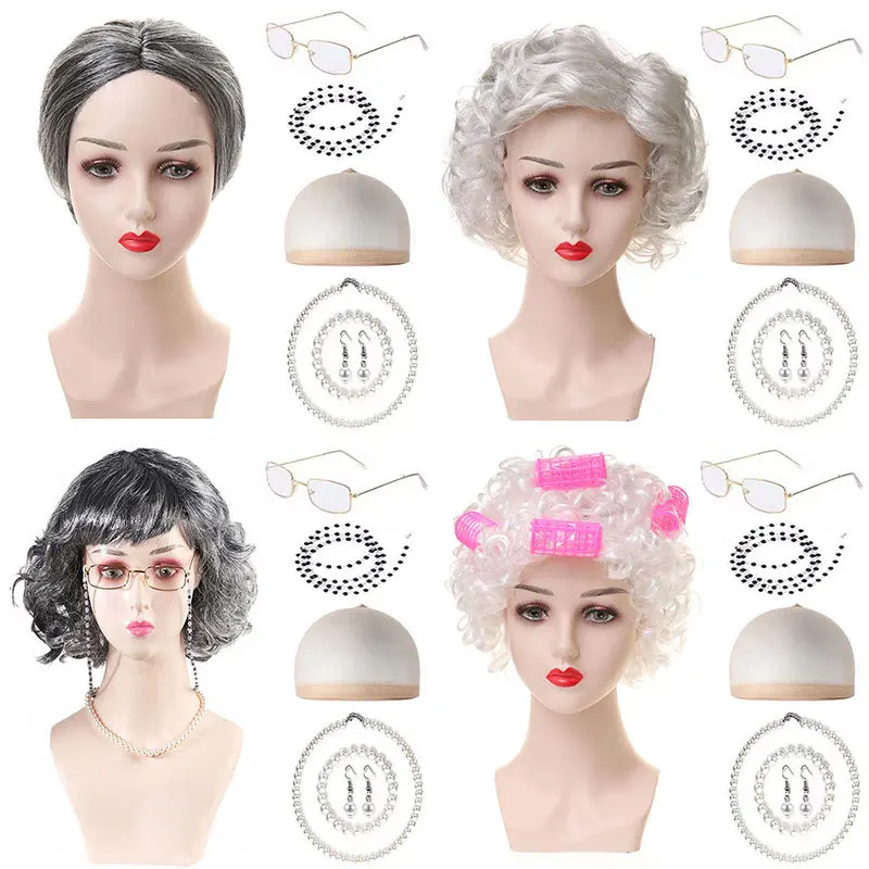 Halloween Cosplay Middle-aged and Elderly Grandpa/grandma Wig Women 100 Days of School Costume Short Curly Hair Outfit Set
