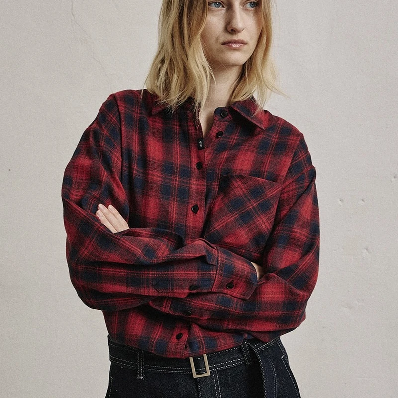 

Vintage Lazy Aosphere Plaid irt Women's Casual Loose Fit Cotton Polyester Blend Long Sve Fce Lined irt for Girls