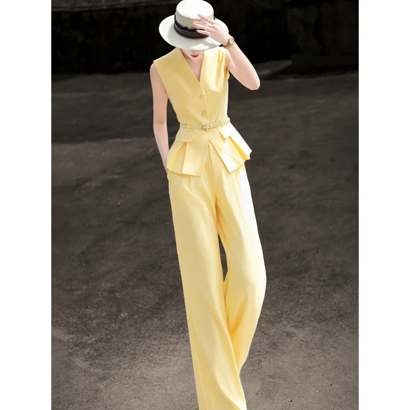 MEXCOCO 2026 Summer Elegant Two Piece Suit V Neck Sleeveless Vest Belt Wide Leg Pants Commuter Business Matching Outfit