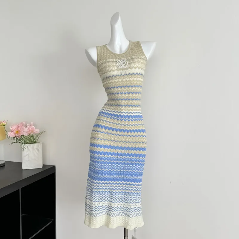 ผู้หญิงฤดูร้อนลายชุดยาวลําลอง Sundress แขนกุด Ribbed ถักเสื้อกันหนาวชุดชายหาดชุด 2025 Vestidos