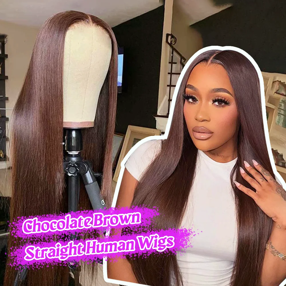 

13x4 HD Chocolate Brown Bone Straight Lace Front Wig 34Inch Lace Frontal Wig Human Hair PrePlucked #4 Color Human Hair Wigs