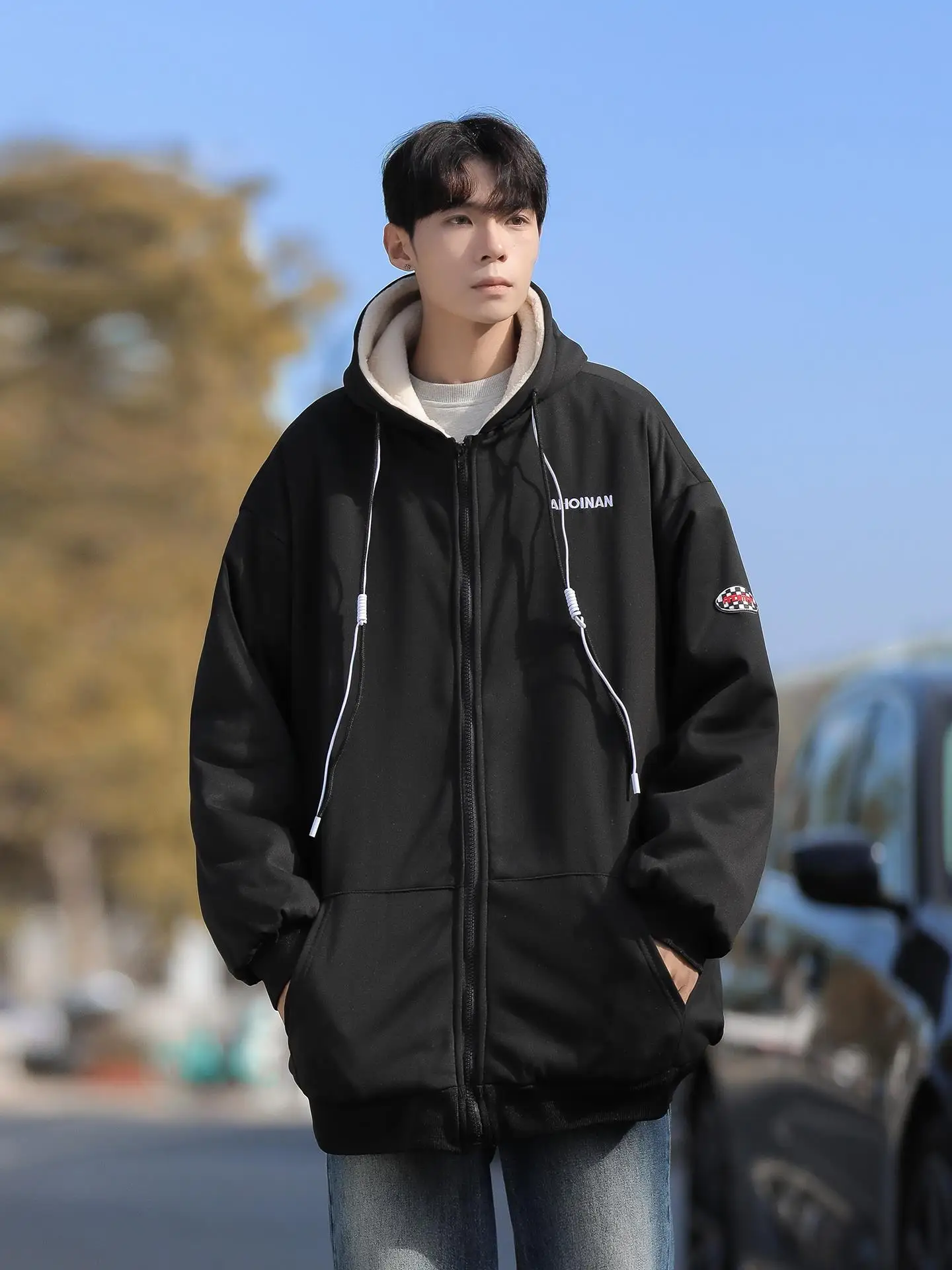 

Retro Japanese Sle Hooded Lamb Velvet Cotton Sweatirt Men's Loose Casual Thi Warm Cotton Jaet Autumn Winter Streetwear