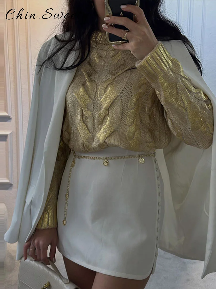 سترة نسائية محبوكة بعقدة ذهبية غير رسمية فضفاضة برقبة دائرية وأكمام طويلة بلوفر نسائي 2026 ربيعي أنيق ملابس تريكو تناسب الجميع