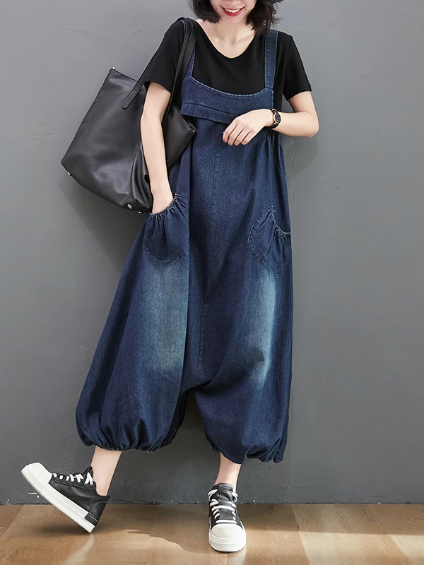 

Women's Denim Overalls Summer 2025 plus Size Loose Faion Lantern Wide Leg Jumpsuit High Waist Long Pants Deep Color Waed