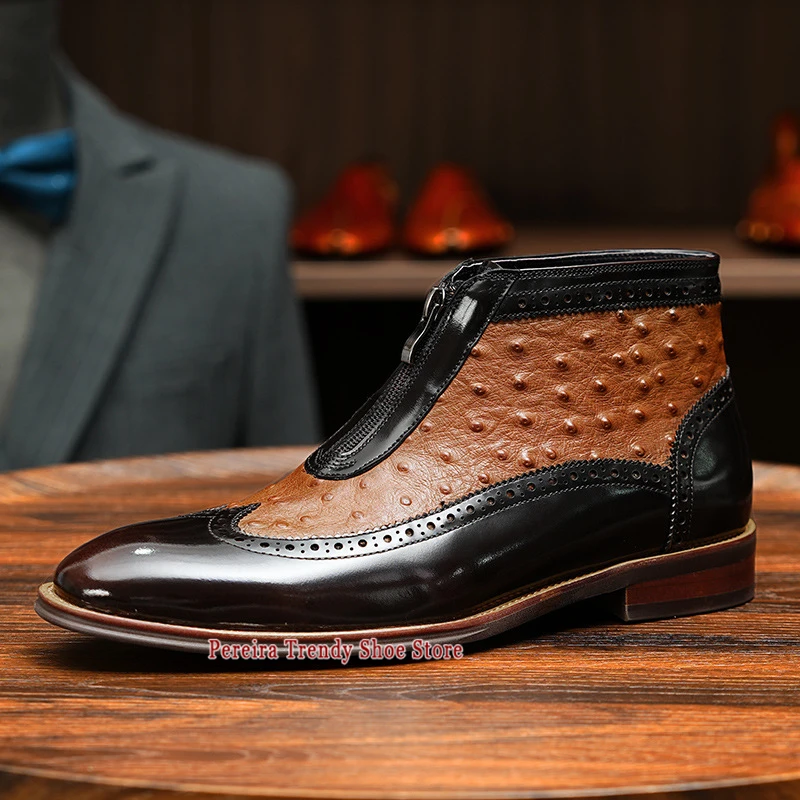 Men's Mixed Colors Short Boots Trendy Ostrich Pattern Cowhide Front Zipper High Top Boots Spring Autumn New Banquet Dress Shoes