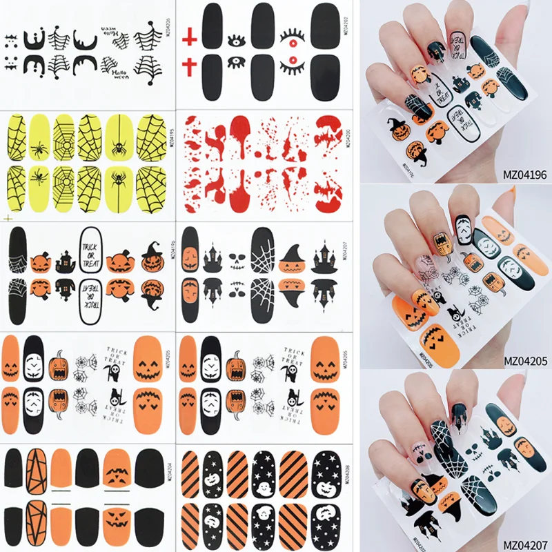 Halloween Full Cover Nail Stickers Festival Party Skull Bloodstain Spider Nail Polish Wraps DIY Nail Art Decals Manicure Decors