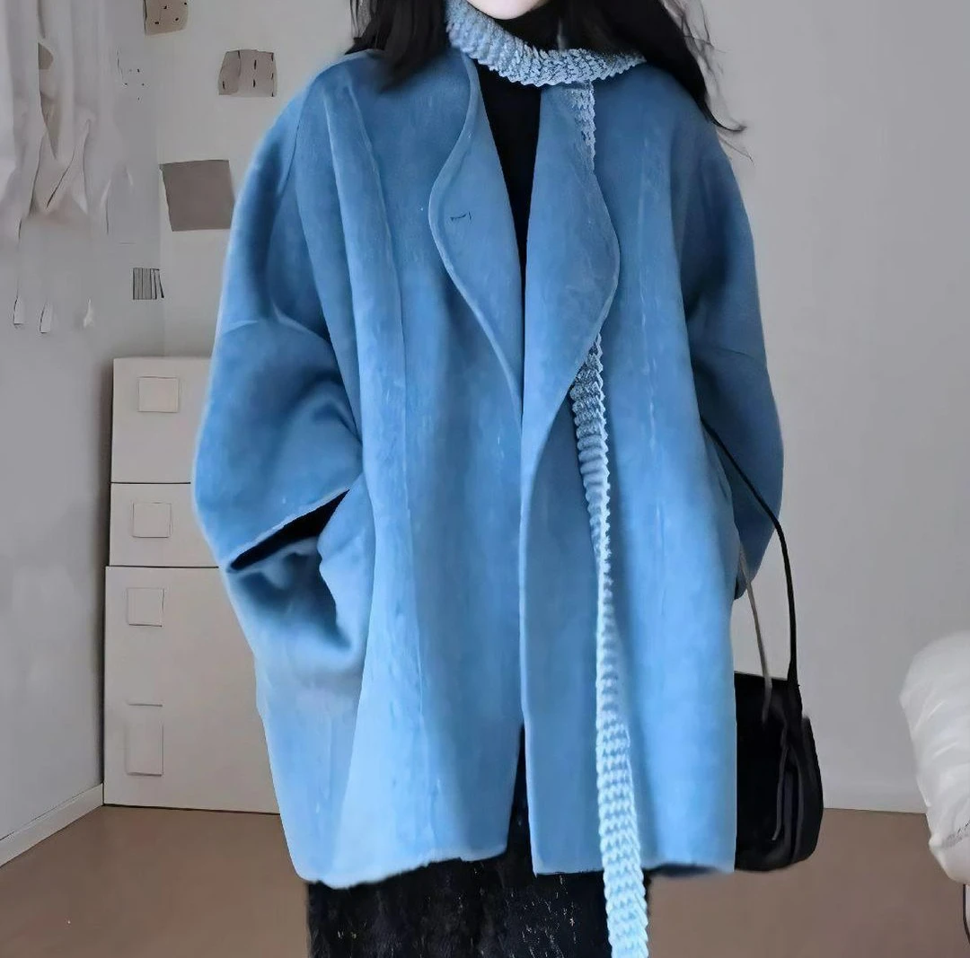 Autumn and Winter Double-sided Woolen Coat Women's New Temperament High Sense Loose Blue Thin Woolen Coat