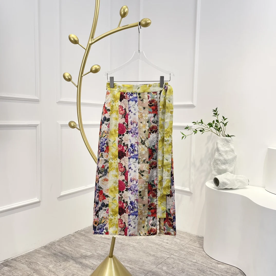 

Multicolor Flowers Print Half Sleeve Patchwork Turn Down Collar Blouse Tops and Skirt Set