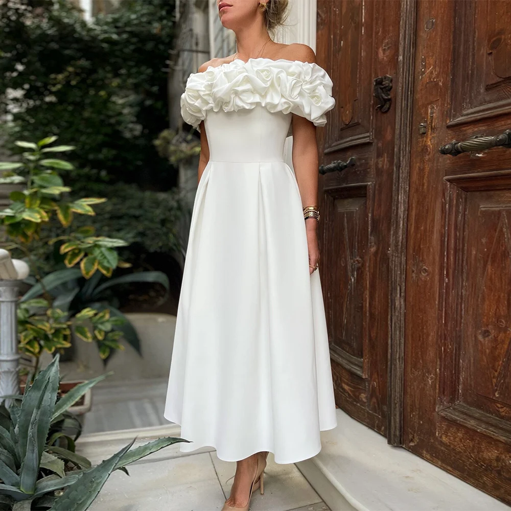 

Chic Wedding Guest Dresses Satin A-line Engagement Gown Saudi Arabia Ivory Off-the-shoulder Pleat Ruched Bride Gown for Women