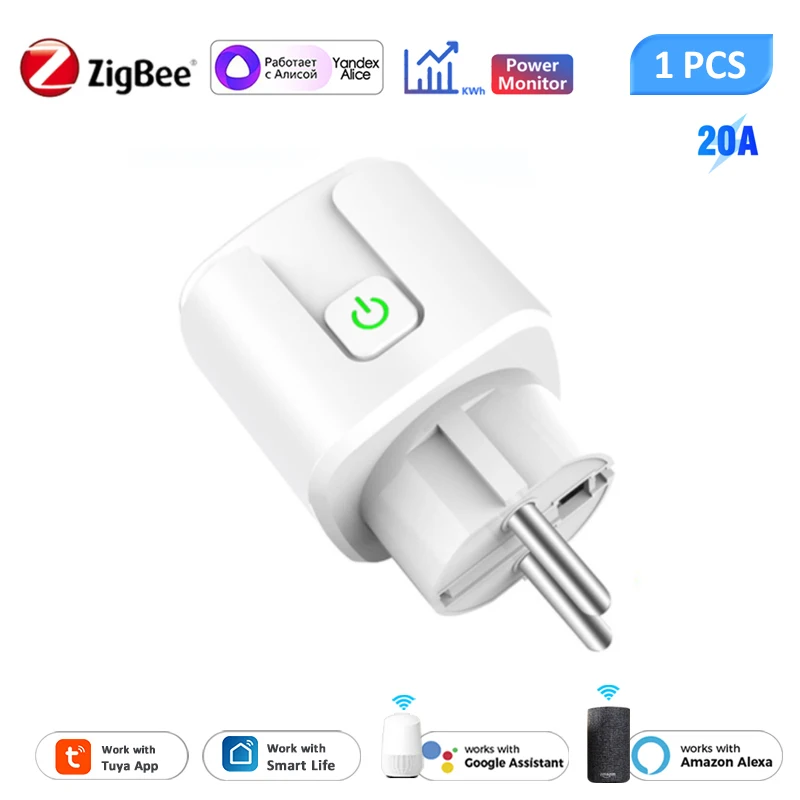 

Tuya Zigbee Smart Plug 20A EU Smart Socket With Power Monitoring Timing Function Voice Control Via Alexa Google Home Yandex