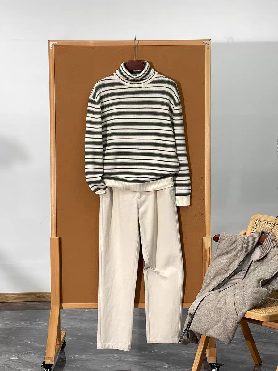 

Повседневный вязаный свитер, мужской осенне-зимний модный смешанный шерстяной свитер в полоску, высокий вязаный свитер, удобный крой