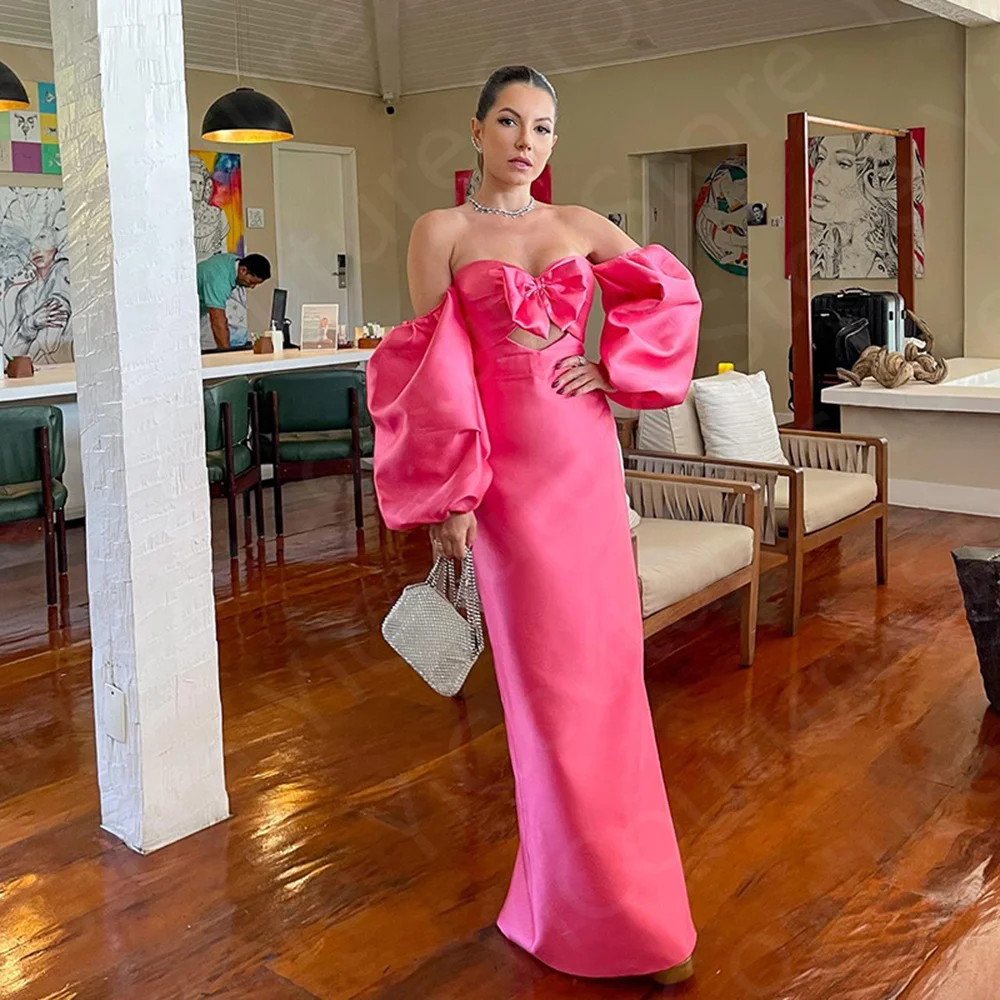 New Unique Hot Pink Prom Gowns Off Shoulder Sleeves Evening Dress Long Sweetheart Birthday Party  Back Out Robe de Soiree