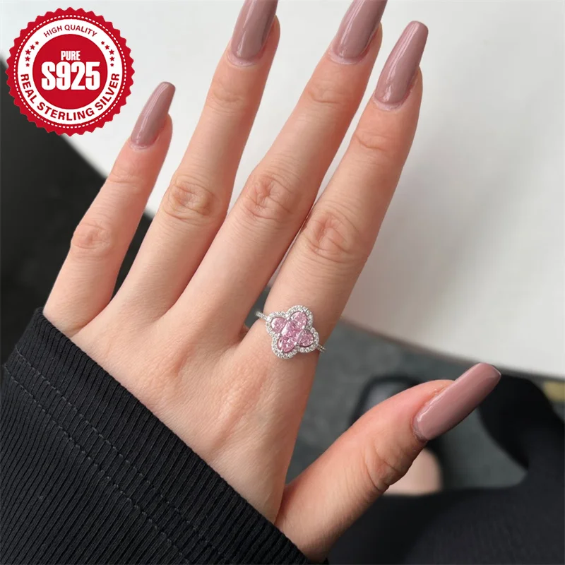 Cincin bunga semanggi perak S925 Pop kualitas tinggi dengan zirkon warna-warni perhiasan Fashion pesta pernikahan wanita manis