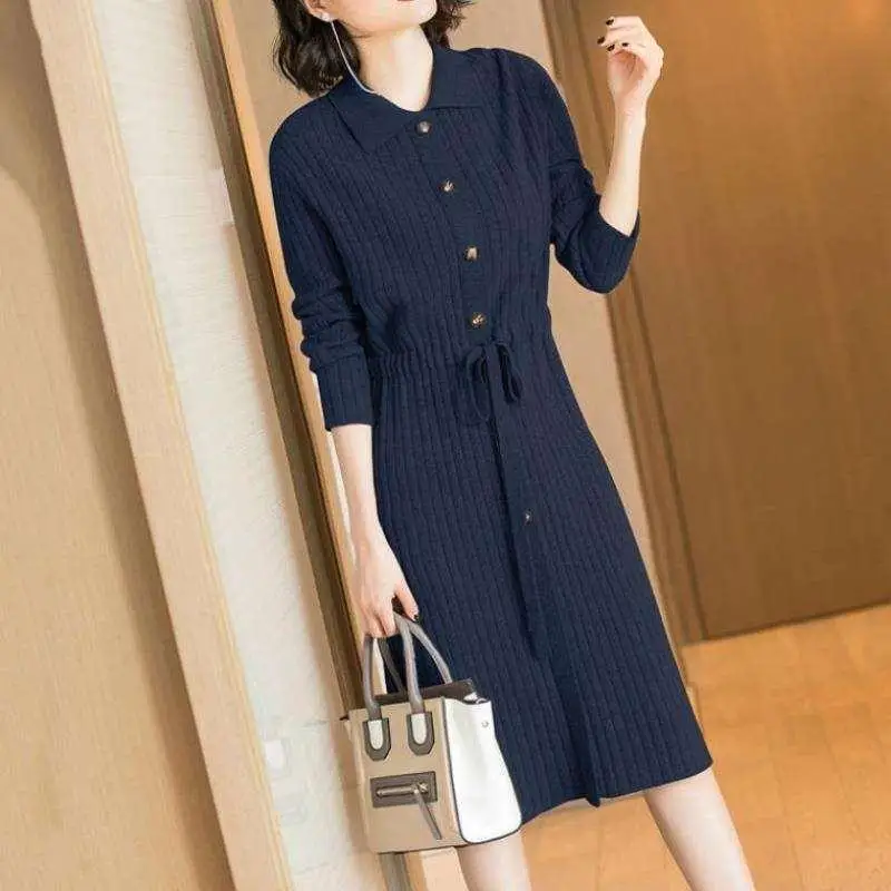 2024 Spring Autumn Women's New Splicing Turndown Collar Button Drawstring Fashion Solid Loose Casual Long Sleeve Knitted Dresses