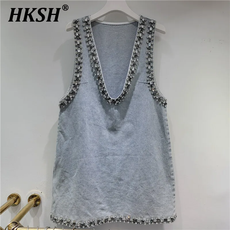 HKSH Summer New Women Ins Trendy Korean Vintage High Street Fashion Sleeveless V-neck Embroidered Flared Denim Mini Skirt HK5534