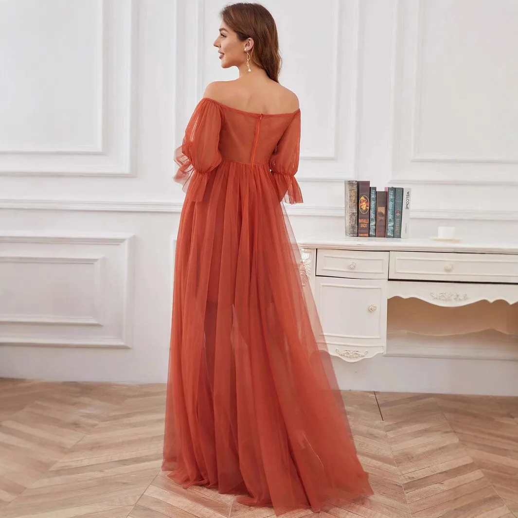 European and American evening dress short-sleeved solid color one-word shoulder maternity tulle long maternity