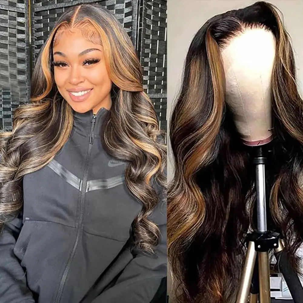 

13X4 Transparent Lace Frontal Wig Body Wave Ombre Highlight 1B/30 Human Hair Wig Brazilian Human Hair Pre Plucked With Baby Hair