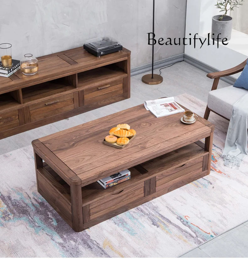 New Chinese Style Black Walnut Wooden Tea Table Living Room Home Modern Minimalist Rounded Corner Tea Table with Drawer